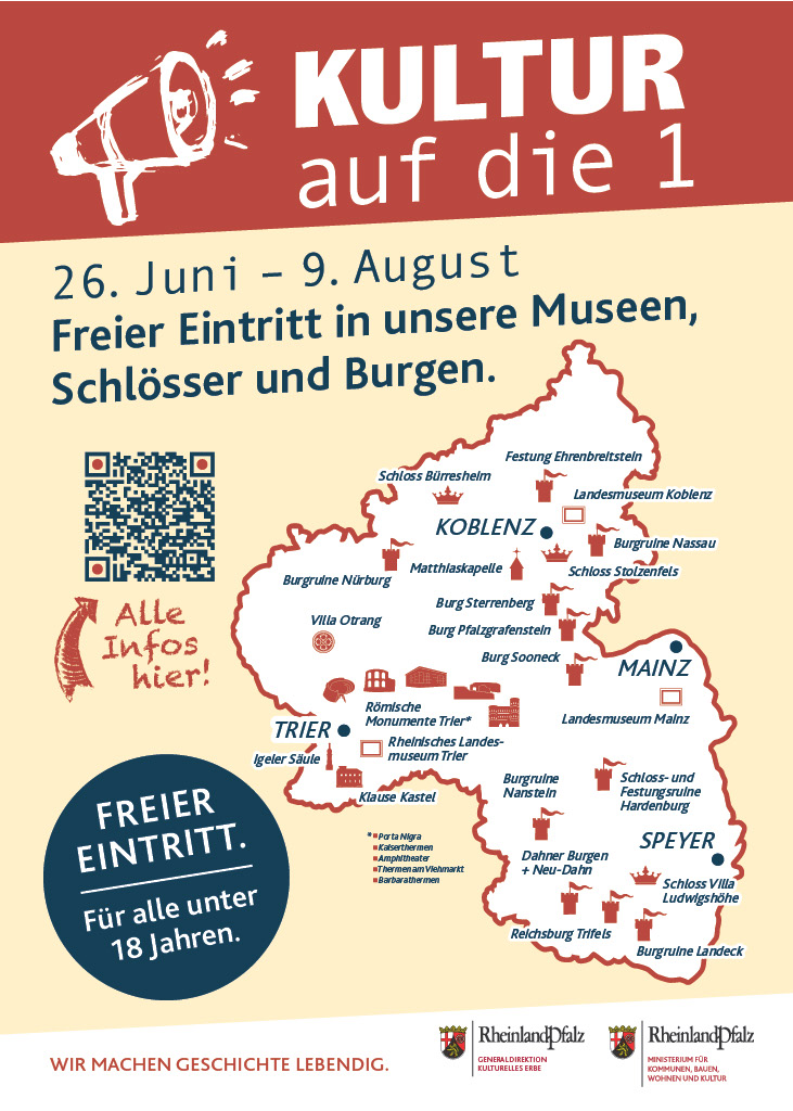 Bild mit KArte von Rheinland-Pfalz. Darauf sind verschiedene Punkt(Museen, Burgen, Liegenschaften) markiert. Zusätzlich enthält das Bild die Information, dass dort vom 26. Juni bis zum 9. August alle unter 18 freien Eintritt erhalten.