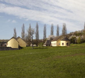 Mehrere gelbe Häuser auf einer Wiese