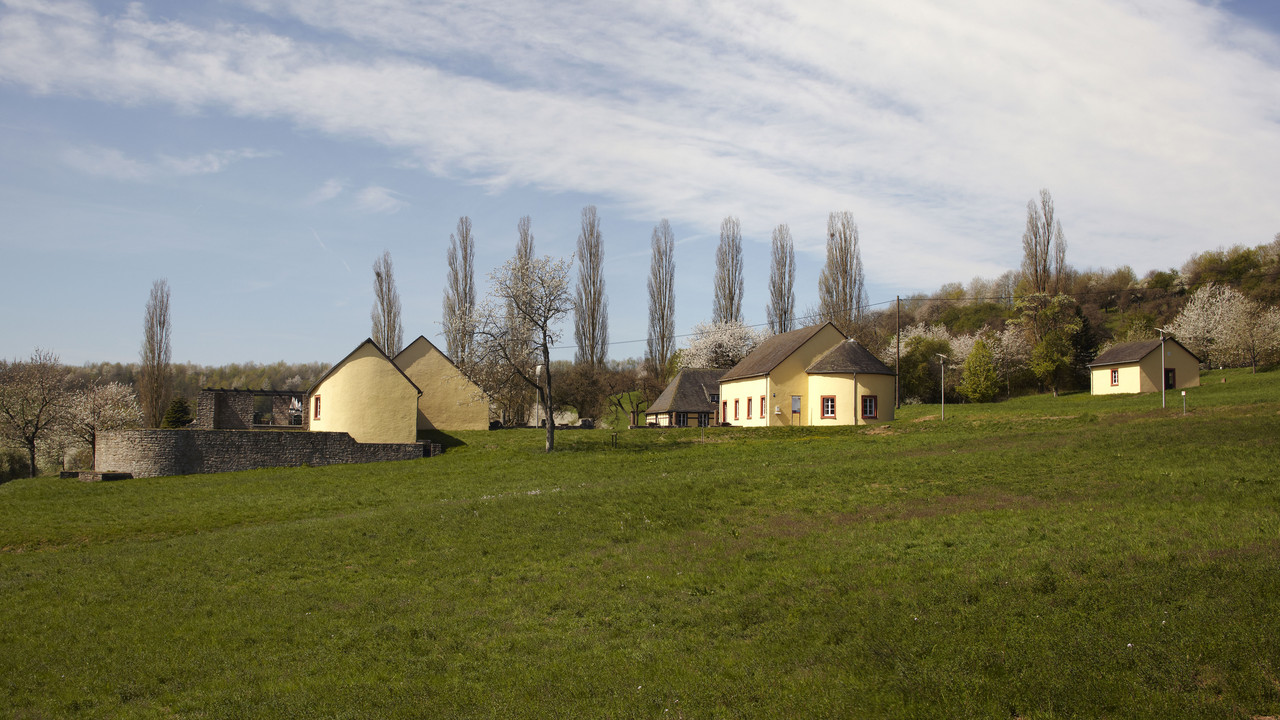Mehrere gelbe Häuser auf einer Wiese