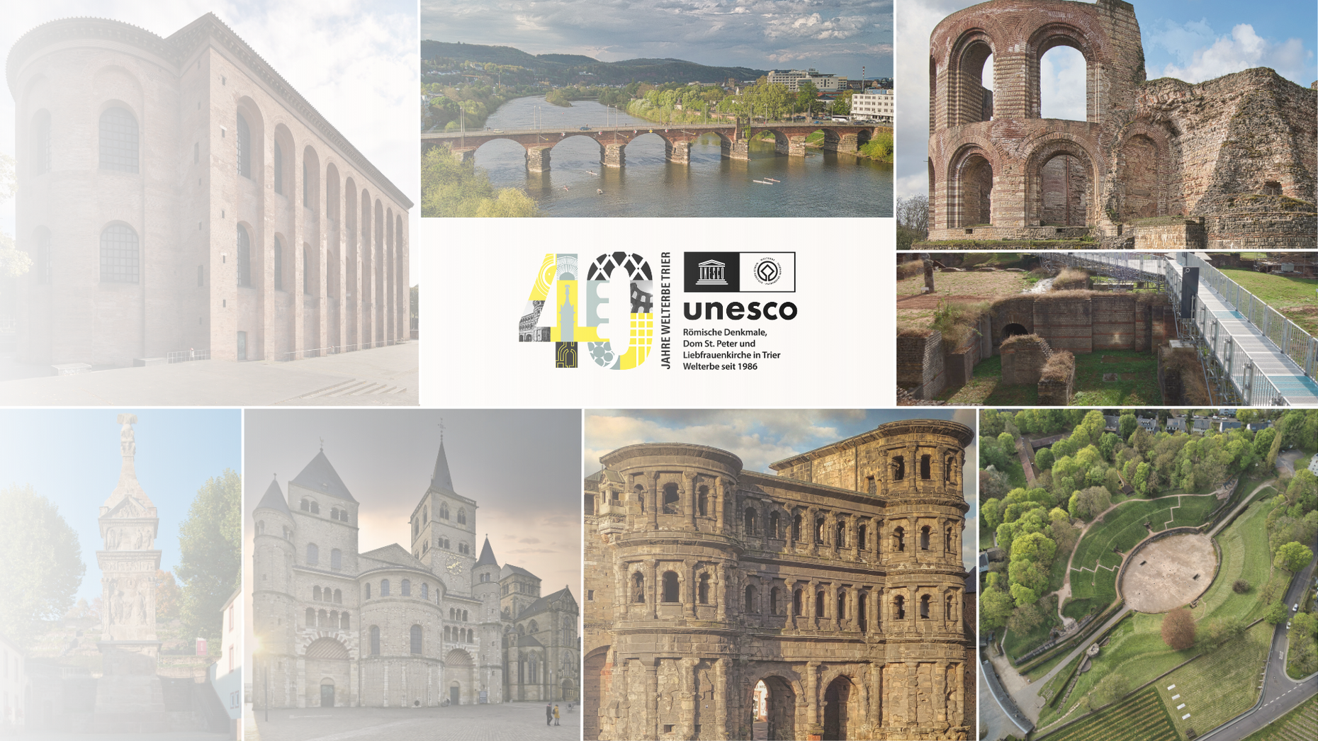 Bildercollage der Römerbauten und Logo 40 Jahre Welterbe